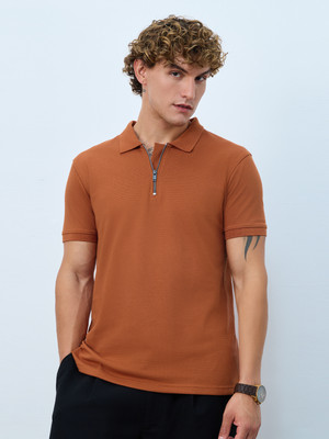 The Souled Store Solid Men Polo Neck Orange T-Shirt