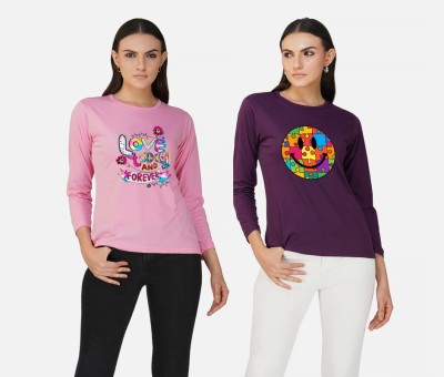 CHOZI Printed Women Round Neck Pink, Purple T-Shirt