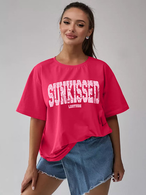 Leotude Printed Women Round Neck Pink T-Shirt