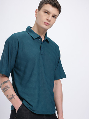 Glitchez Self Design Men Polo Neck Green T-Shirt