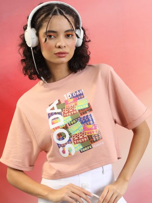 Tokyo Talkies Printed, Typography Women Round Neck Beige T-Shirt