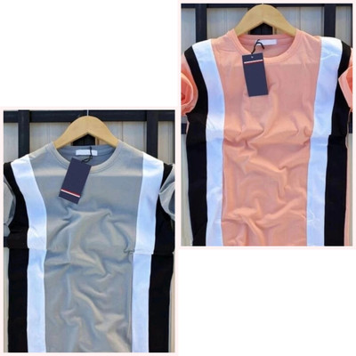 squareretails Striped Men Round Neck Grey, Pink T-Shirt