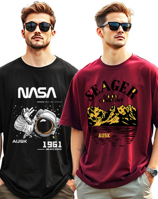 AUSK Printed Men Round Neck Maroon, Black T-Shirt