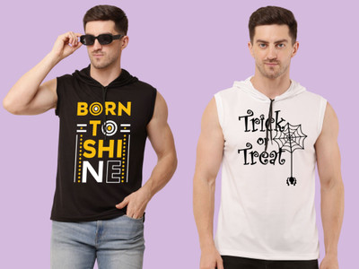 Zxomillo Printed Men Hooded Neck Black, White T-Shirt