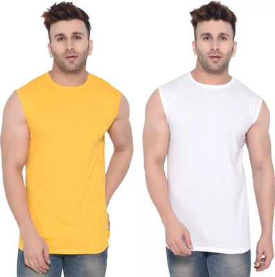 Moordale Fab Solid Men Round Neck Yellow, White T-Shirt