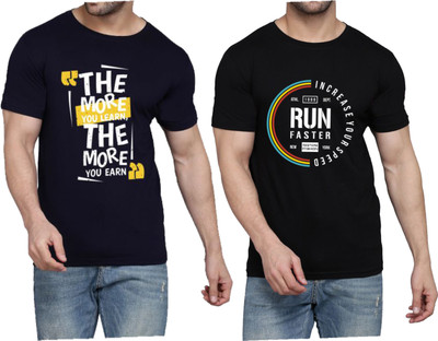 WOOSTRO Printed Men Round Neck Dark Blue, Black T-Shirt