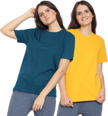 YouthPoi Solid Women Round Neck Yellow, Dark Blue T-Shirt