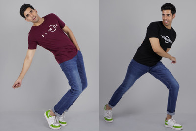 Elibolz Self Design Men Round Neck Maroon, Black T-Shirt