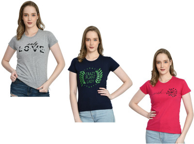 IndiWeaves Printed Women Round Neck Grey, Navy Blue, Brown T-Shirt