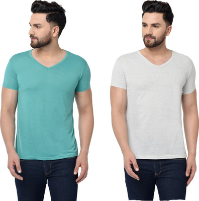 Tresna Trending Solid Men V Neck Grey, Light Green T-Shirt
