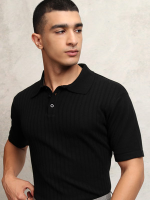 HIGHLANDER Self Design Men Polo Neck Black T-Shirt