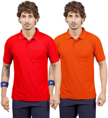 m2hit Solid Men Polo Neck Red, Orange T-Shirt