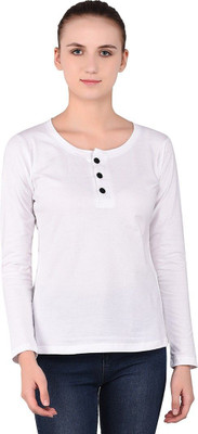 Trendfull Solid Women Henley Neck White T-Shirt