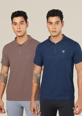 TECHNOSPORT Solid Men Polo Neck Blue, Brown T-Shirt