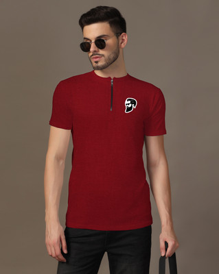 Lawful Casual Solid, Printed Men Mandarin Collar Maroon T-Shirt