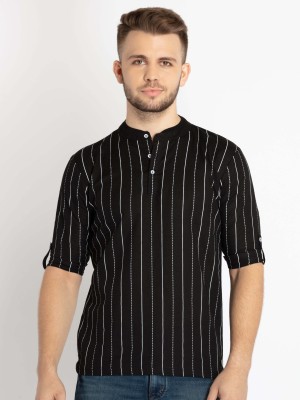 Status Quo Striped Men Henley Neck Black T-Shirt