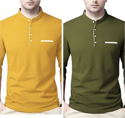 Oishee Colorblock, Striped Men Henley Neck Yellow, Dark Green T-Shirt