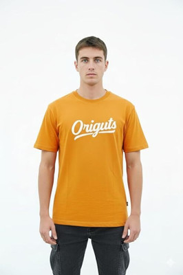 origuts Graphic Print, Typography Men Round Neck Orange T-Shirt