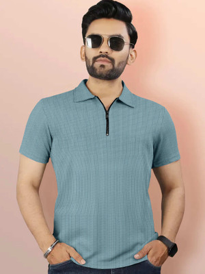 MENTIFIC Self Design Men Polo Neck Light Blue T-Shirt