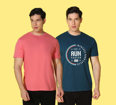 WOOSTRO Typography, Solid Men Round Neck Pink, Blue T-Shirt