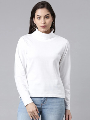 Kryptic Solid Women High Neck White T-Shirt