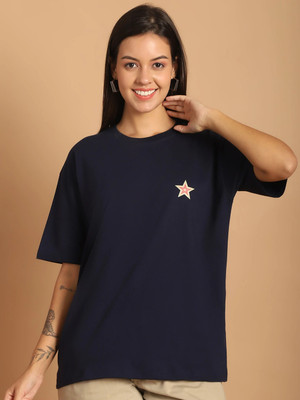 GLOBAL NOMAD Printed Women Round Neck Navy Blue T-Shirt