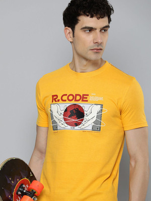 R.Code by The Roadster Life Co. Printed Men Round Neck Yellow T-Shirt
