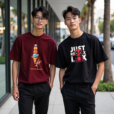 INFIRAX Printed Men Round Neck Maroon, Black T-Shirt