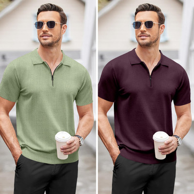 trueoath Solid Men Polo Neck Light Green, Purple T-Shirt