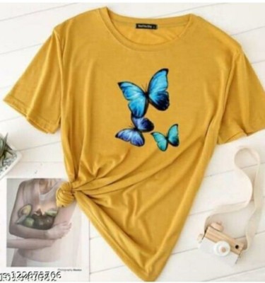 Attires World Self Design Women Round Neck Yellow T-Shirt