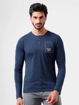 WROGN Typography Men Henley Neck Navy Blue T-Shirt