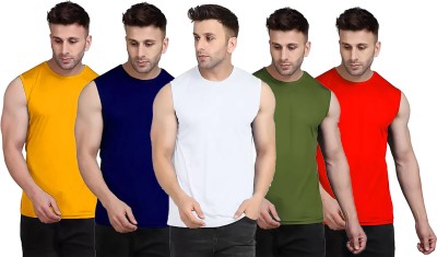 Think Tech Solid Men Round Neck Yellow, Dark Blue, White, Dark Green, Red T-Shirt