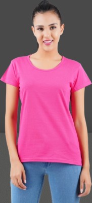 MIDAAS Solid Women Round Neck Pink T-Shirt