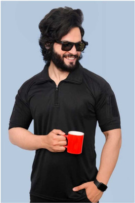REAL DAD Self Design Men Polo Neck Black T-Shirt