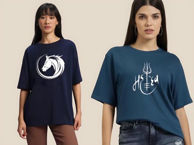 MI POSSIBLE Graphic Print Women Round Neck Dark Green, Dark Blue T-Shirt