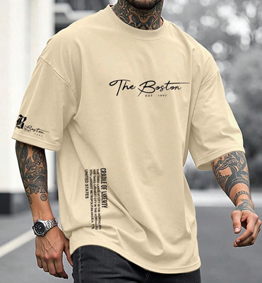 TAZO Graphic Print Men Round Neck Beige T-Shirt