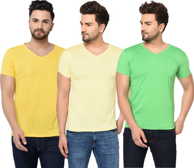 JB Jangoboy Solid Men V Neck Green, Yellow T-Shirt