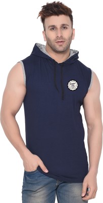 GEUM Solid Men Hooded Neck Dark Blue T-Shirt