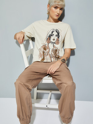 MAX Printed Women Round Neck Beige T-Shirt