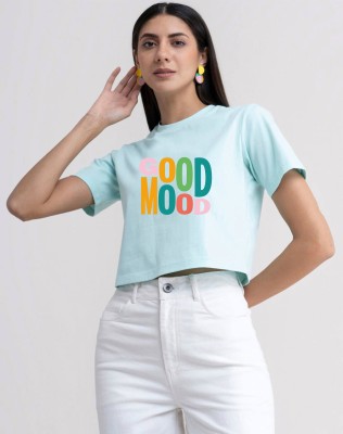 CULISH Typography Women Round Neck Light Blue T-Shirt