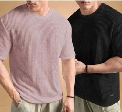 BOOM BAAM Self Design Men Round Neck Black, Pink T-Shirt