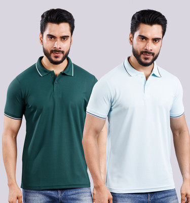 SUPERSQUAD Solid Men Polo Neck Light Blue, Dark Green T-Shirt
