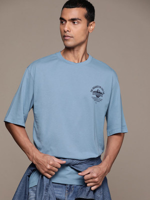 Roadster Printed Men Round Neck Blue T-Shirt