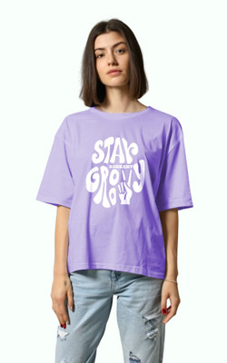 HouseOfCommon Printed Women Round Neck Purple T-Shirt