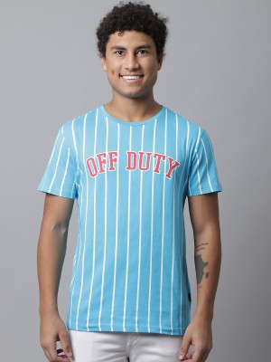 DOOR74 Striped Men Round Neck Blue T-Shirt