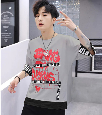 NB NICKY BOY Typography Men Round Neck Grey T-Shirt