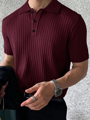 EyeBogler Self Design Men Zip Neck Red T-Shirt
