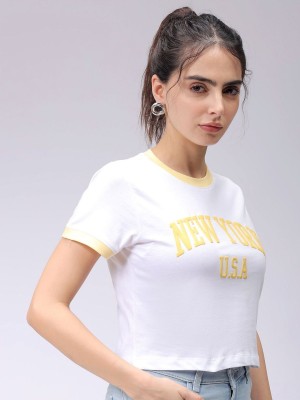 Freehand Printed Women Crew Neck White T-Shirt