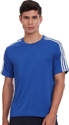 OctaBox Solid, Striped Men Round Neck Blue T-Shirt