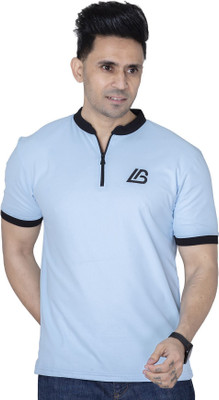 KUGARMENT Solid Men Mandarin Collar Light Blue T-Shirt